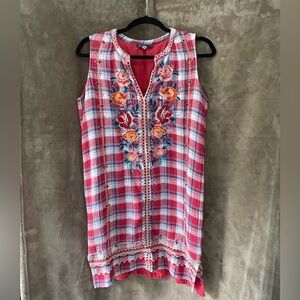 Size XS Johnny Was Red & Blue Plaid Floral Embroidered Shift Dress